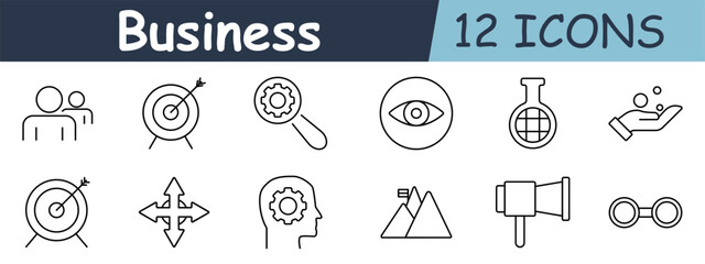 Business set icon. People, target, gear, magnifier, vision, flask, hand, arrow, head, mountain, speaker, binoculars, goal, strategy, research.