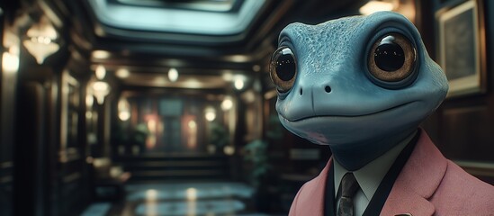 Frog wearing a suit and tie is standing in a hallway. The frog is smiling and looking at the camera