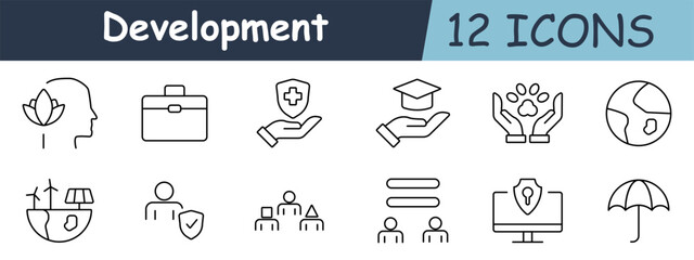 Development set icon. Mind, briefcase, shield, graduation cap, hands, globe, wind turbine, teamwork, security, equality, growth, education