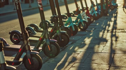 A close view of aligned electric scooters casting long shadows on a city sidewalk, symbolizing sustainable urban transportation.