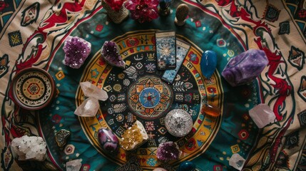 Obraz premium A vibrant, circular tapestry adorned with crystals, stones, and mystical objects creating a bohemian, spiritual atmosphere.