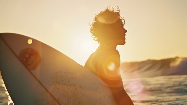 Silhouette of a surfer holding a board against a setting sun, casting a golden glow over the ocean waves.