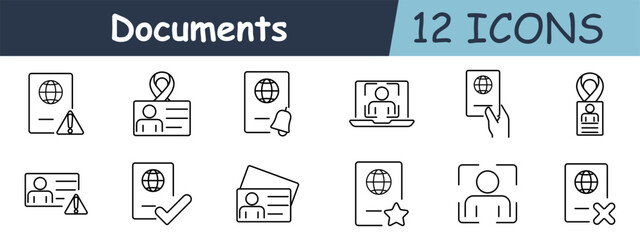Documents set icon. Passport, ID card, warning, notification, laptop, checkmark, star, profile, person, security, approval, identity