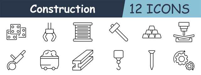 Construction set icon. Wood plank, pipe, bucket, pillar, house, conveyor, mining cart, metal beam, tools, foundation, building, materials