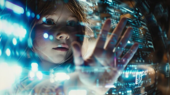 A young girl mesmerized by glowing holographic interfaces, exploring a futuristic and digital environment with awe and curiosity.