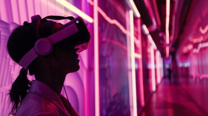 Naklejka premium Silhouetted figure wearing VR headset in a futuristic neon-lit corridor, embracing the high-tech virtual reality experience.