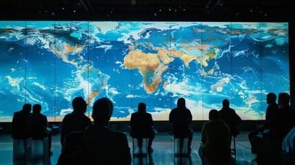 A large interactive screen displaying a world map with silhouetted people watching attentively in a darkened room.