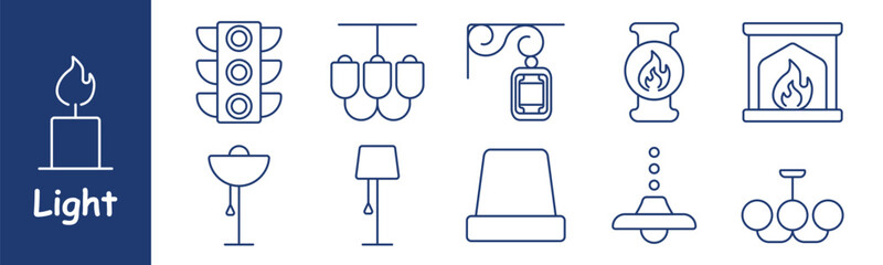 Light set icon. Candle, traffic light, chandelier, hanging lamp, fireplace, floor lamp, table lamp, ceiling lamp, pendant light, candelabra