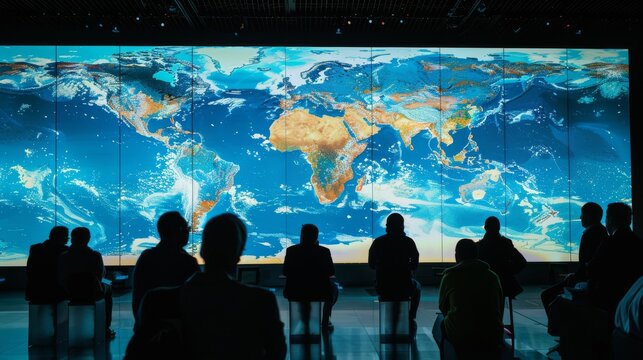 A large interactive screen displaying a world map with silhouetted people watching attentively in a darkened room.