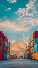 Fototapeta premium A photo of stacked shipping containers at the port, ready for transport to their physical destination