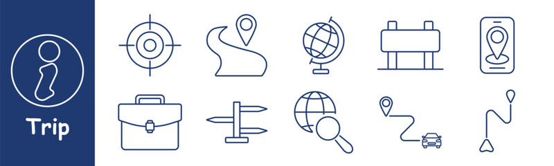 Trip set icon. Globe, map, target, briefcase, directional signs, location tracking, road, search, destination, travel planning, exploration, navigation tools, global search, information, business trip