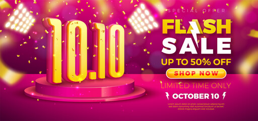 10 October Shopping Day Flash Sale Design with 3d 10.10 Number, Light Bulb Billboard and Stage Podium on Red Background. Vector Special Offer 50 Percent Off Campaign Discount Illustration for Coupon