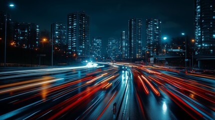 Obraz premium The city's streets at night, with long exposure lights creating streaks of light on the road and buildings in the background