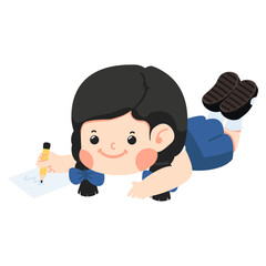 Girl lying on floor and drawing with pencil