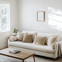 Fototapeta premium Scandinavian Mid-Century Modern interior photo with white walled living room with art frame hanging and wood shelf and sofa and table. Generative AI 
