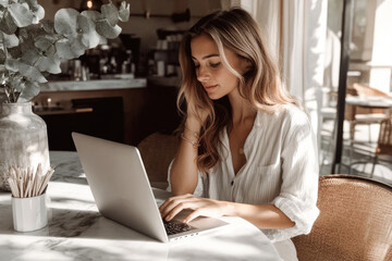 A woman in white blouse working on a laptop in a cozy cafe with elegant decor and natural light coming through windows.