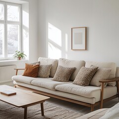 Fototapeta premium Scandinavian Mid-Century Modern interior photo with white walled living room with art frame hanging and wood shelf and sofa and table. Generative AI 