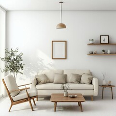 Scandinavian Mid-Century Modern interior photo with white walled living room with art frame hanging and wood shelf and sofa and table. Generative AI
