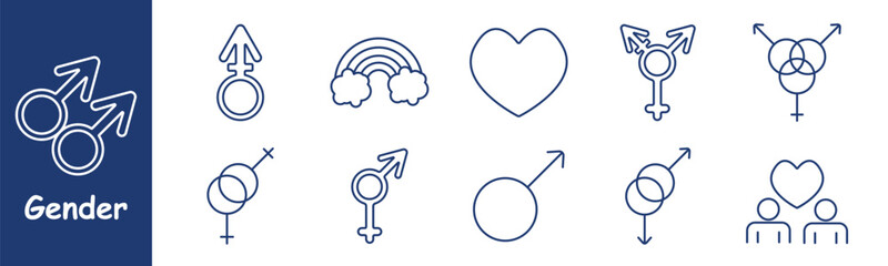 Gender set icon. Male and female symbols, rainbow, heart, LGBTQ, gender equality, love, identity, inclusivity, relationship, sexuality, pride, symbols of gender, unity, gender roles, relationships