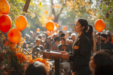 Commemorative event honoring beloved pets held at the pet cemetery with vibrant orange balloons and flowers during a sunny autumn day