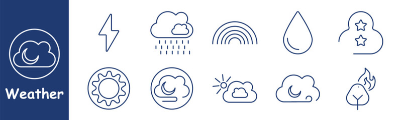 Weather set icon. Lightning, rain, rainbow, sun, clouds, raindrop, snow, stars, tree, fire, storm, sunny day, precipitation, extreme weather, meteorology, natural phenomena, climate patterns
