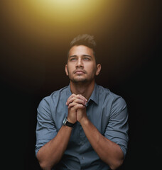 Praying, studio or businessman with faith for career, job or asking god for help, support or...