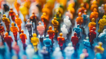 Fototapeta premium A crowd of colorful, miniature figurines arranged in various positions, representing diversity and community in a vibrant manner.