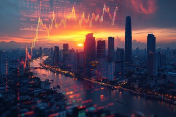 Fototapeta premium A stock market graph and financial data on the background of a cityscape at sunset