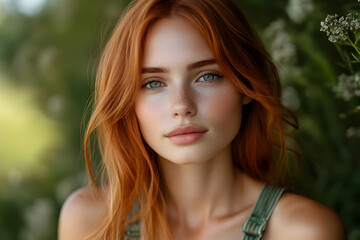 Naklejka premium Portrait of a Red-Haired Woman with Striking Blue Eyes and Freckles