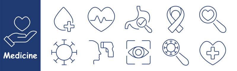 Medicine set icon. Heart health, blood donation, cancer awareness, stomach check, virus, eye exam, thermometer, health care, pulse, medical examination, wellness, health services.