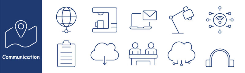 Obraz premium Communication set icon. Globe, printer, cloud, email, desk lamp, network, clipboard, teamwork, cloud services, headphones, wireless signal, technology, collaboration