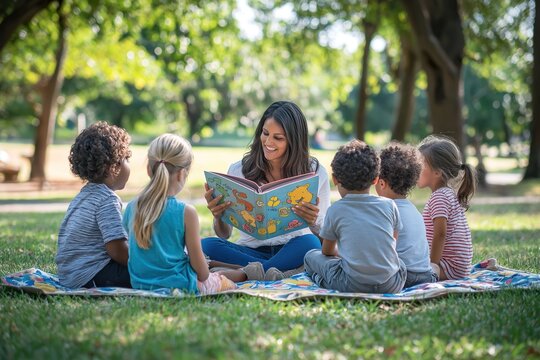 A storyteller captivates young children during an afternoon storytime session in a sunny park setting surrounded by trees and greenery
