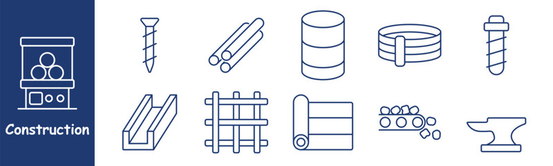 Construction set icon. Screw, pipes, metal barrel, strap, metal beam, grid structure, steel rods, roll of fabric, coal, anvil, building materials, fabrication, heavy industry.