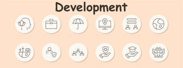 Development set icon. Mindfulness, briefcase, umbrella protection, cybersecurity, communication, global cooperation, renewable energy, personal security, teamwork, healthcare, education, animal care