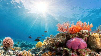 Fototapeta premium Vibrant Underwater Coral Reef with Sunlight