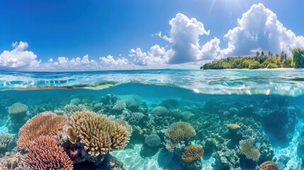 Fototapeta premium Vibrant Coral Reef Under Crystal Clear Water