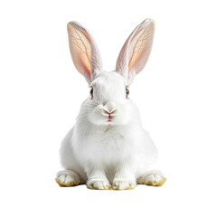 Fototapeta premium White rabbit with alert ears, soft fur and curious expression, sitting serenely against a clean white background, embodying innocence and charm of nature.