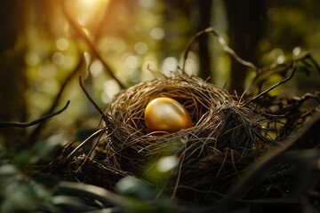 A golden egg rests in a rustic nest surrounded by lush greenery symbolizing the potential for business growth and innovation