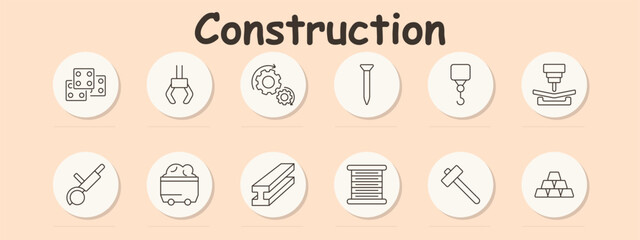Construction set icon. Bracket, crane hook, gears, nail, pulley, bending machine, conveyor belt, steel rod, roll of fabric, hammer, gold bar, processing