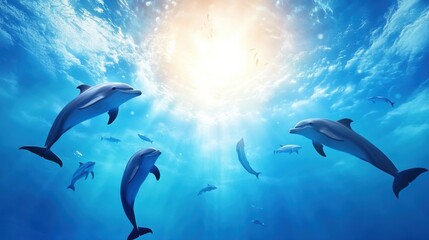 Playful Dolphins Swimming in Sunlit Ocean Waters