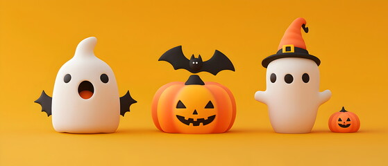Fototapeta premium set of 3 Halloween cute characters in 3d clay design, including a gift box in a kawaii Happy Halloween concept, adorable and festive, isolated on a clean background