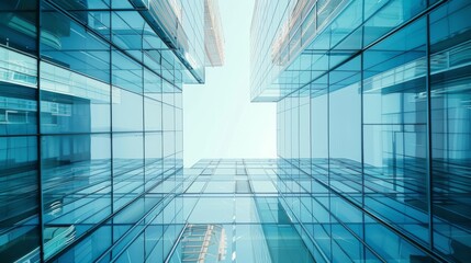 A low-angle view of sleek glass buildings reaching towards the sky, showcasing their modern, minimalist architecture against a backdrop of soft blue.