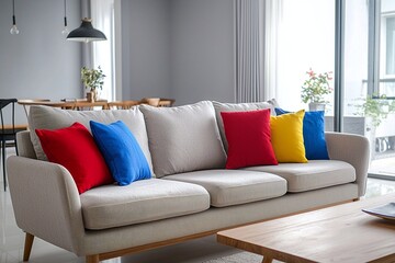 Fototapeta premium A photo of a mid-century modern interior with a pretty cushion accent on the modern Scandinavian interior in the living room. Generative AI 