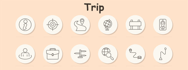 Trip set icon. House, compass, route, location, navigation, satellite, coordinates, travel, map marker, home, wayfinding, journey, trip, destination, path, waypoint, satellite dish, tracking