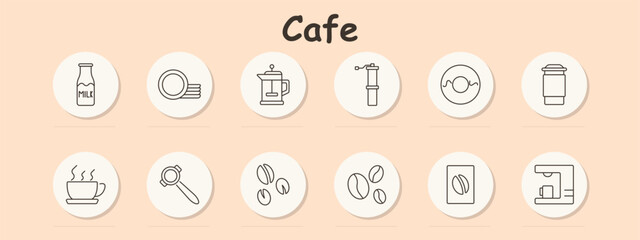 Cafe set icon. Milk bottle, coffee grinder, coffee cup, coffee machine, beans, donut, dishes, espresso, to-go cup, French press, brewing, cafe, drink, breakfast, caffeine, hot drink, grinder