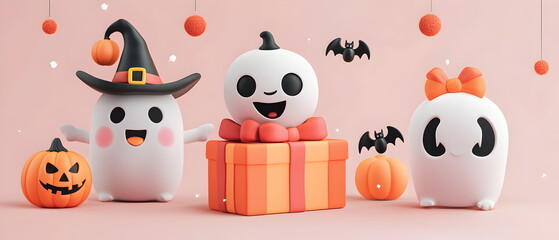 set of 3 Halloween cute characters in 3d clay design, including a gift box in a kawaii Happy Halloween concept, adorable and festive, isolated on a clean background
