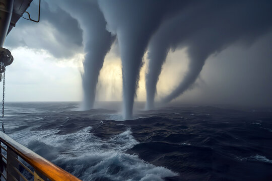Stormy seas with multiple waterspouts observed from a ship\'s deck during turbulent weather conditions