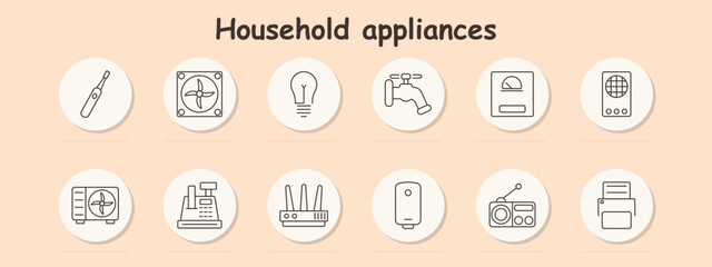 Household appliances set icon. Microwave, stove, oven, washing machine, air extractor, computer monitor, blender, kitchen devices, home electronics, cooking tools, modern appliances