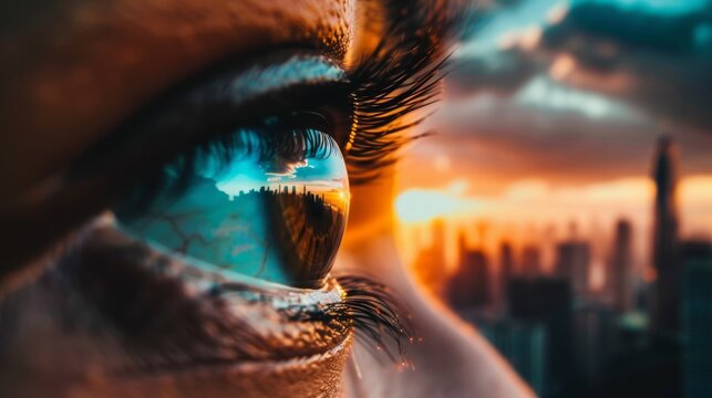 A close-up shot of an eye reflecting a vivid city skyline and sunset, capturing the essence of urban dreams and reflections in exquisite detail.