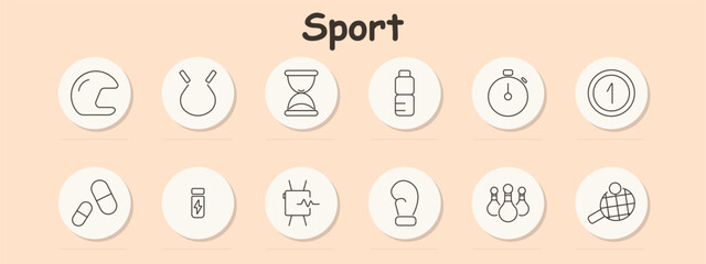Sport set icon. Helmet, punching bag, timer, water bottle, stopwatch, first place, energy drink, boxing glove, bowling pins, ping pong racket, sports equipment, timing, fitness, hydration